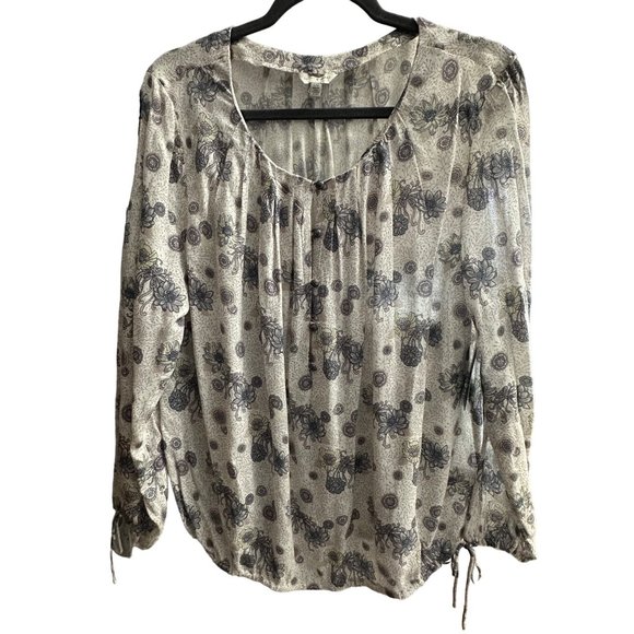 Lucky Brand NWT size L long sleeve gathered cuff and hem blue print Boho top - Picture 1 of 12